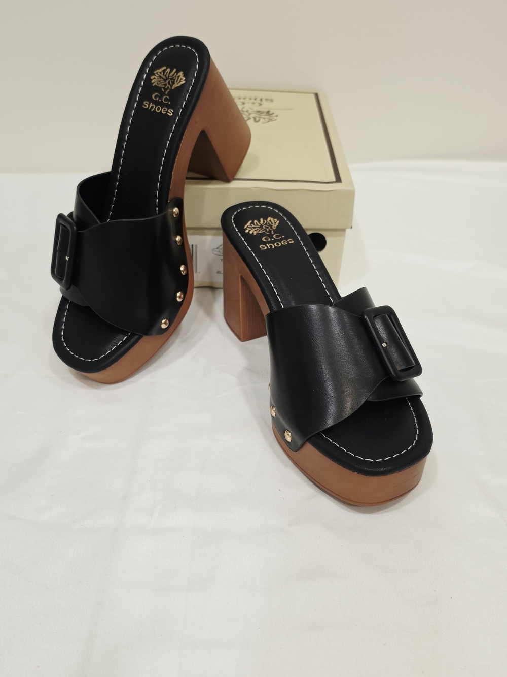 G.C. Shoes York Black Leather Platform Buckle Clog Mules